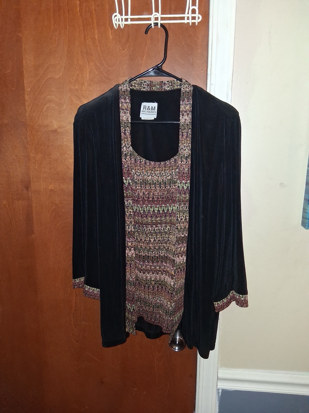 R&M Richards Black Velvet Open-Front Jacket with Multicolor Knit Inset